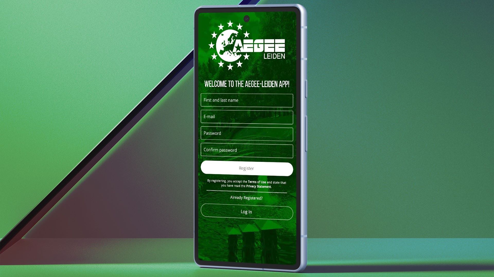 A mockup of the AEGEE-Leiden App on a smartphone