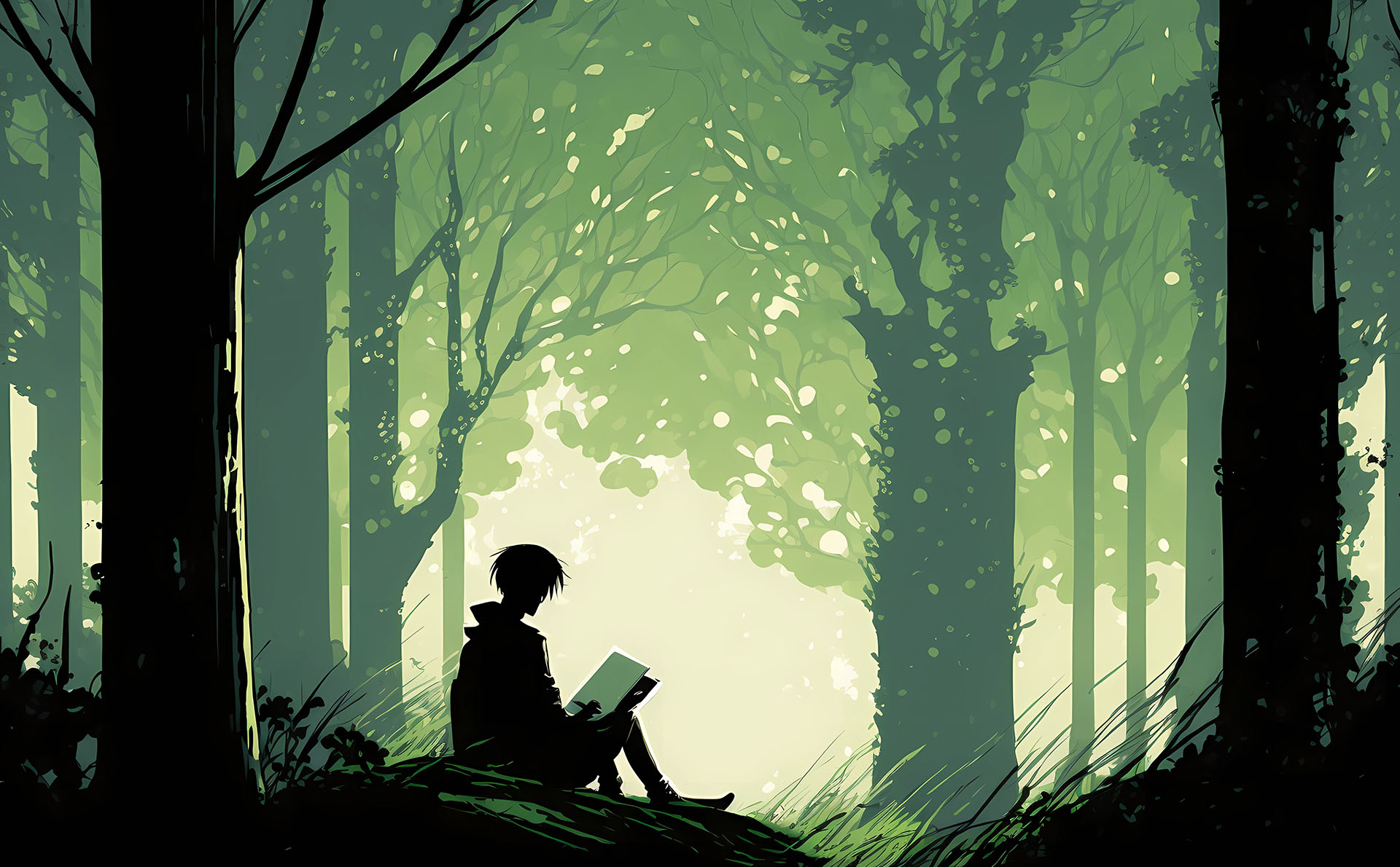An illustration of a boy reading in a forest.